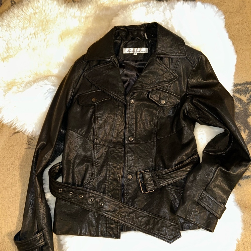 Women's Dark Leather Jacket with Belt
